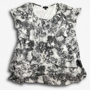 Tamara H Women 1X Blouse Black White Toile Floral Print Layered Short Sleeve Top